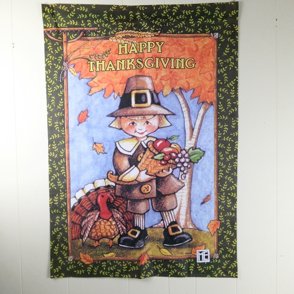 Mary Englebreit Happy Thanksgiving Yard Garden Flag Fall Autumn Pilgrim 28 x 40 - Picture 1 of 9